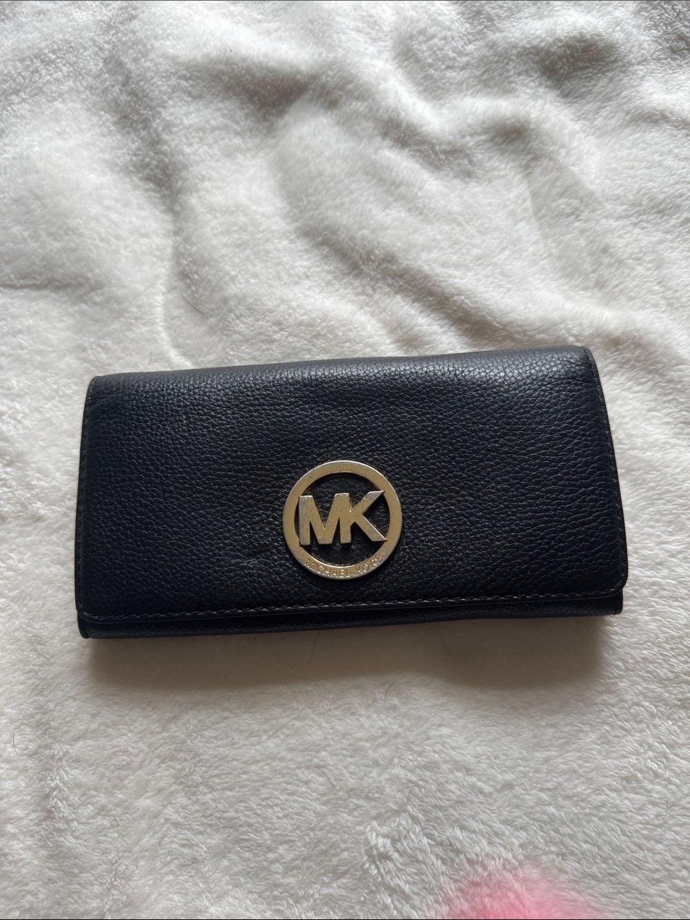 Michael Kors Black Pebbled Leather Continental Clutch Wallet with Gold MK Emblem